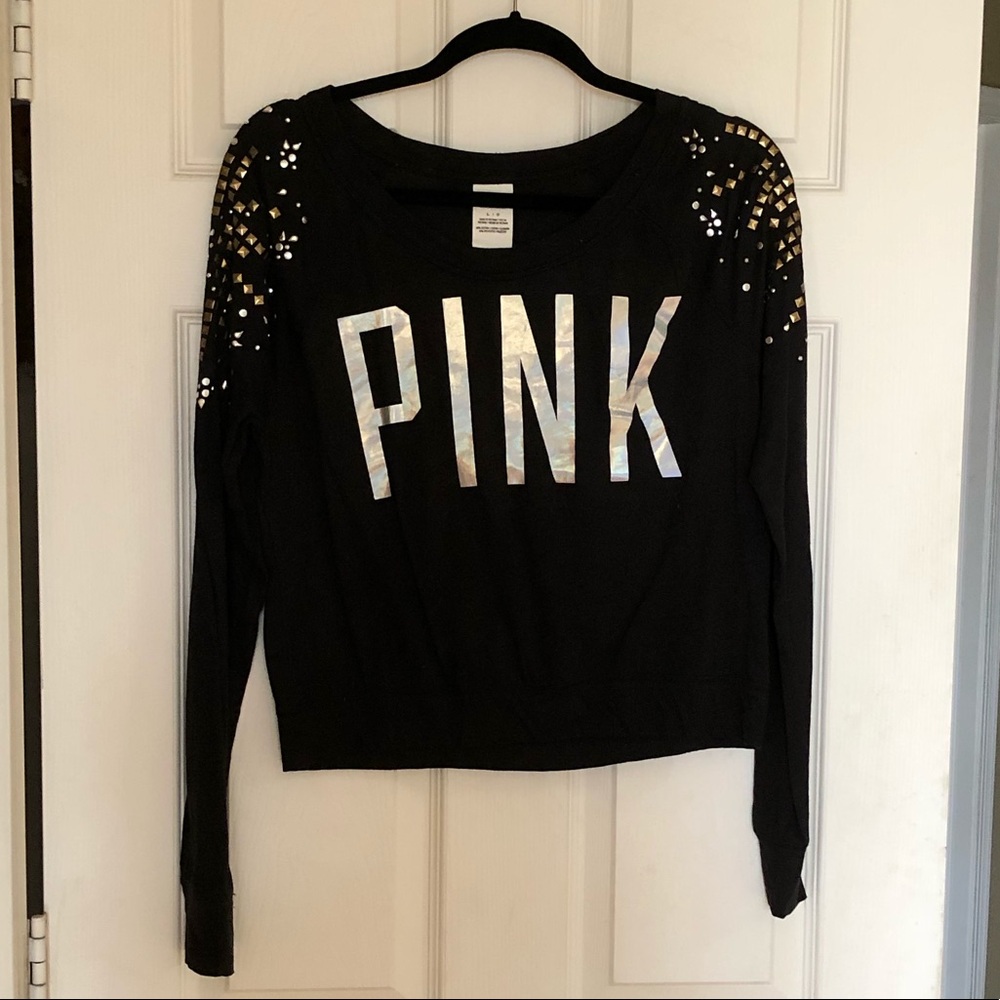 PINK Black Holographic Logo Top with Studded Shoulders